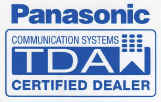 The Panasonic TDA Certified Dealer badge: the Panasonic wordmark above a blue-bordered panel reading "Communication Systems — TDA — Certified Dealer".