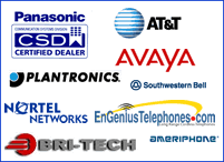 A collage of nine vendor badges from the 2003 site: Panasonic CSD Certified Dealer, AT&T, Avaya, Plantronics, Southwestern Bell, Nortel Networks, EnGenius Telephones, Bri-Tech and Ameriphone.