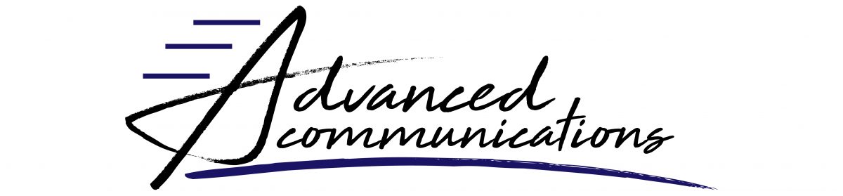 The 2017 Advanced Communications logo: the name in a black brush-script hand with a large stylised brush "A", three navy bars to the upper left, and a navy brush-stroke underline.