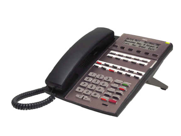 An NEC DSX 22-button desk telephone in black, with a corded handset, a two-line display and rows of programmable line keys.