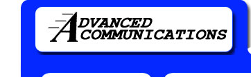The Advanced Communications wordmark: bold italic slab-serif capitals stacked on two lines, set on a white rounded plaque against royal blue, with an oversized italic "A" whose crossbar extends left as two rules striking through both words.